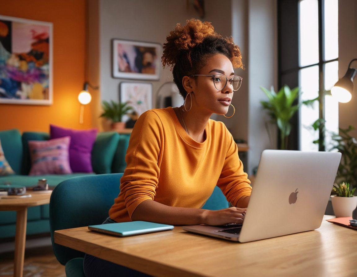 A dynamic scene featuring a confident woman sitting in a modern home studio, engaged in streaming on her laptop, with colorful vlogs playing in the background. Surround her with vibrant tech gadgets, artistic decor, and engaging lighting that reflects creativity and entertainment. Capture her expression of passion and focus as she interacts with her audience. Add soft, warm colors to enhance the inviting atmosphere. super-realistic. vibrant colors.