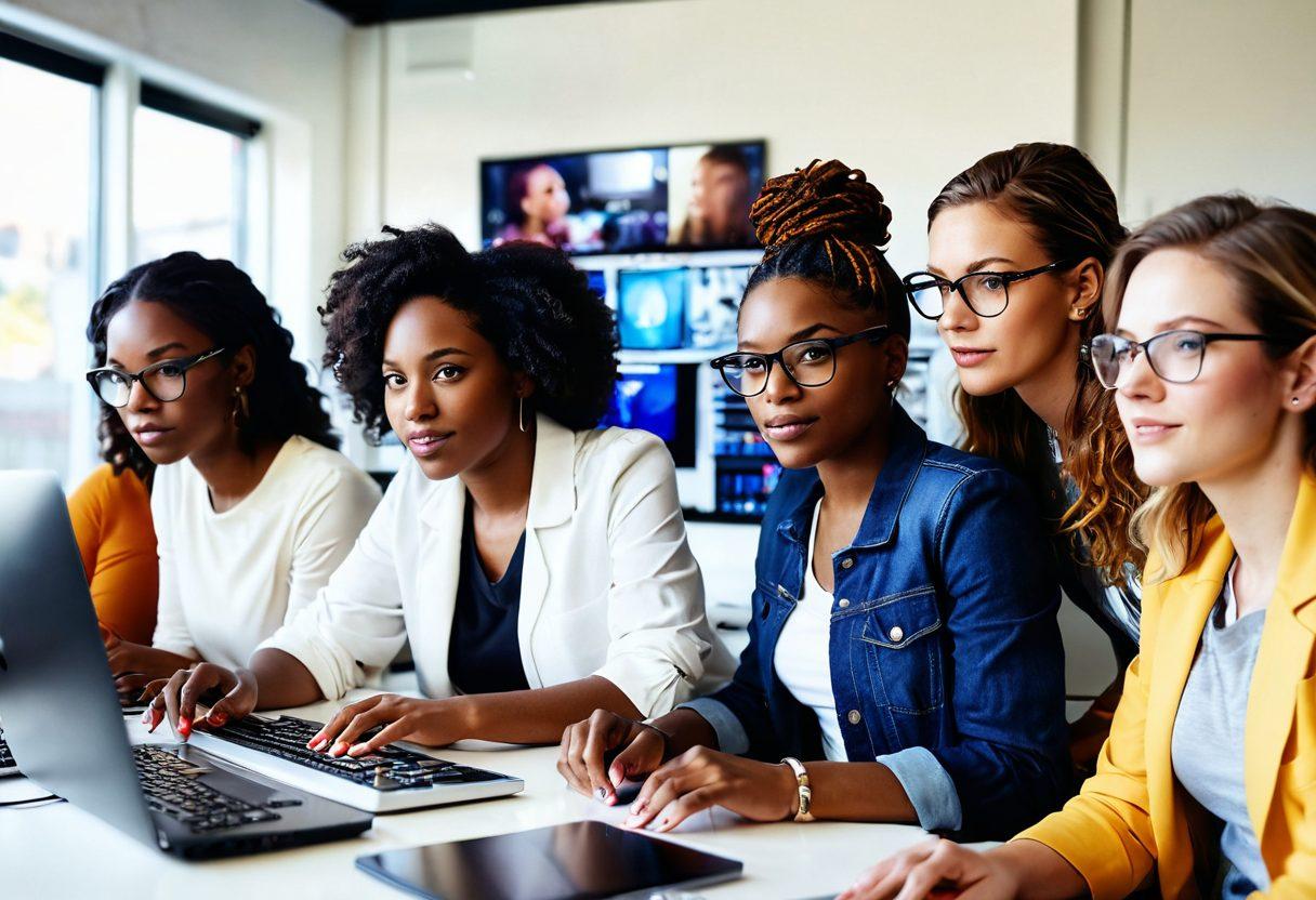 A diverse group of women working collaboratively on video editing in a bright, modern workspace, surrounded by cameras and laptops. Vivid expressions of creativity and empowerment reflected in their faces, infused with warm light. An overlay of film reels and sound waves to symbolize the video creation process. super-realistic. vibrant colors. white background.