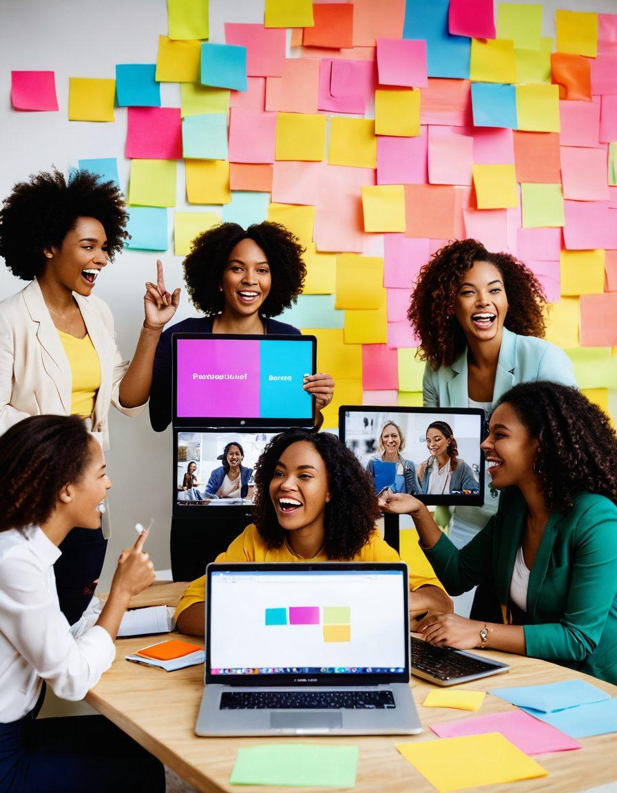 A diverse group of confident women collaborating over video content creation, surrounded by modern technology like cameras and laptops. One woman is showcasing a viral video on a screen, while others are brainstorming with colorful sticky notes and laughter in the air. The scene is bright and filled with vibrant colors, representing empowerment and creativity in online entertainment. super-realistic. vibrant colors. modern workspace.